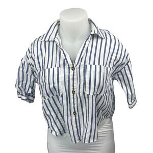 NEW Zara White Blue Striped Short Sleeve Button Pockets Crop Shirt Blouse Top XL